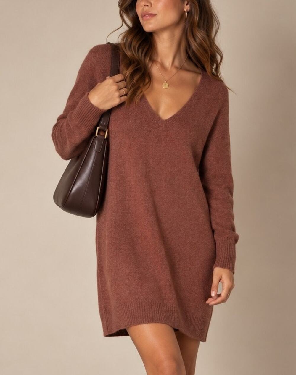 Vince Womens Cashmere Wool Sweater Dress Size M Brown V-Neck Quiet Luxury Fall